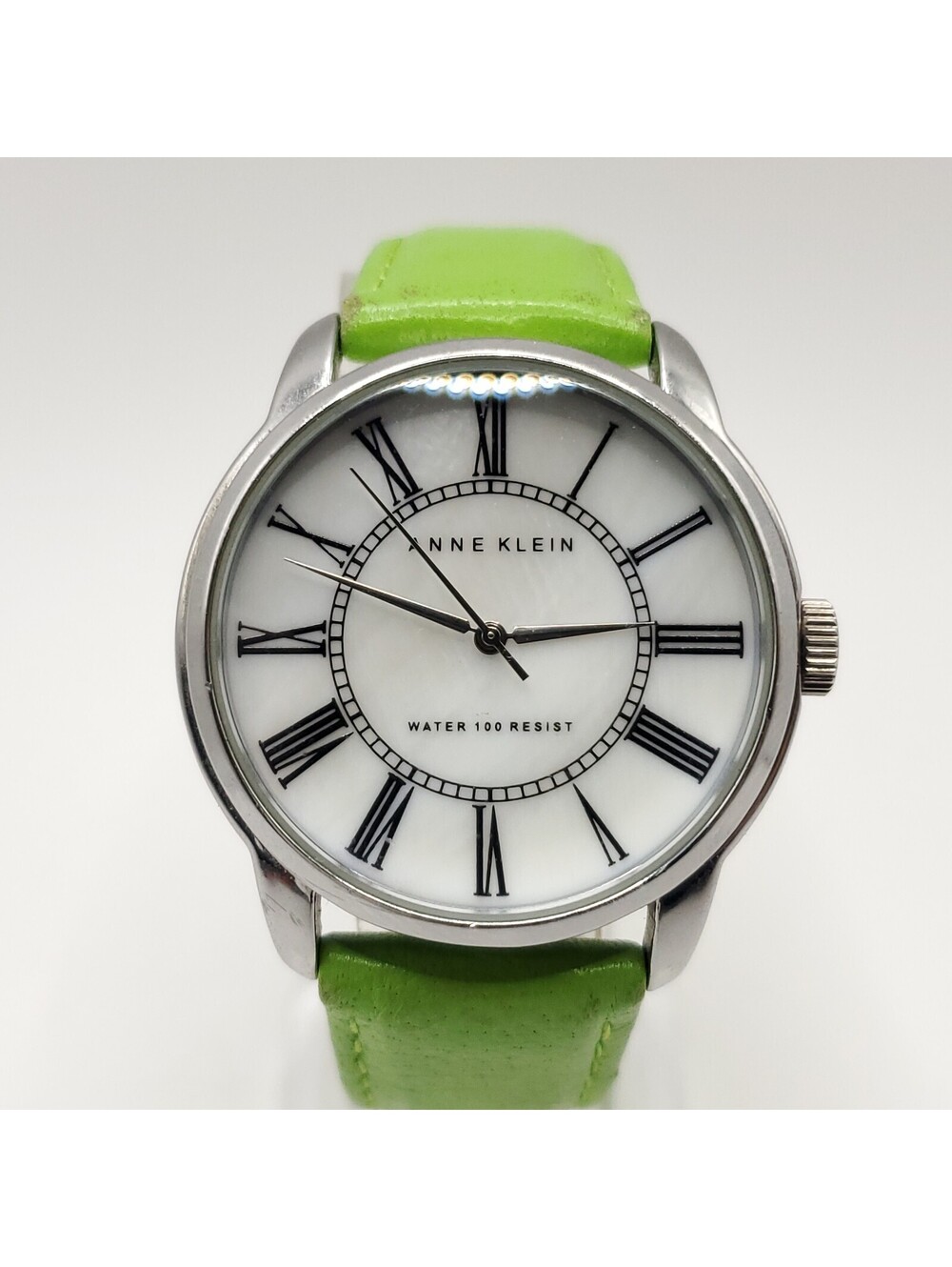 Anne Klein Women's Watch 36mm White Roman Numerals Dial Green Band New Battery